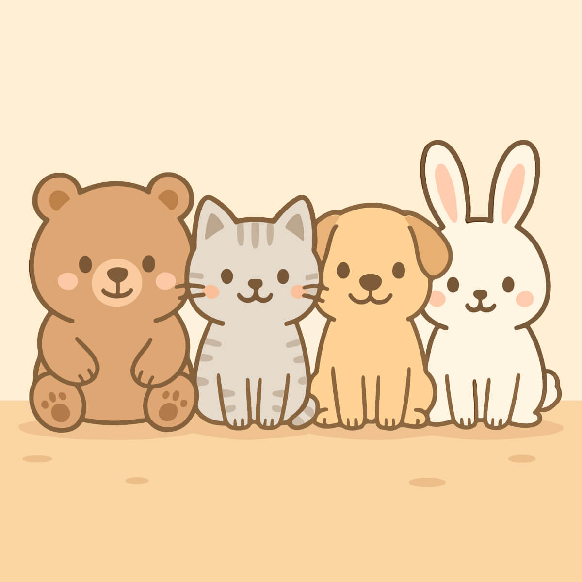Kawaii-style illustration featuring several cute animals in a row, drawn with flat pastel colors, representing the playful and friendly theme of Easy Cute Drawings.