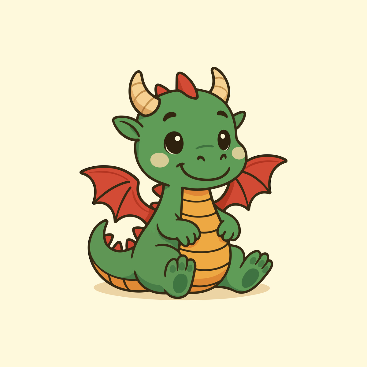 Cute dragon drawing in kawaii style, showing a seated dragon with a friendly expression, perfect for kids, art practice, or decoration.