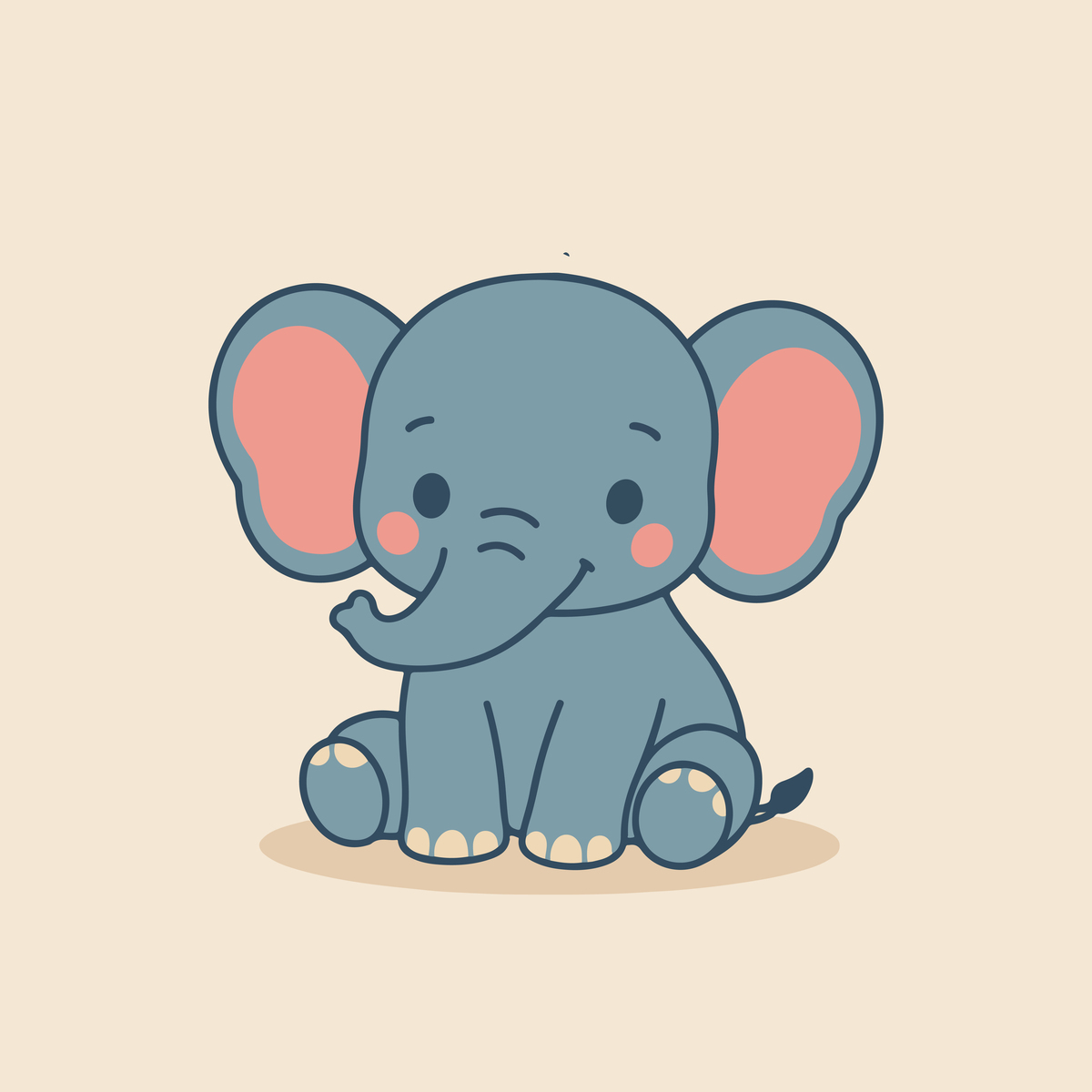 Cute elephant drawing of a seated elephant with a friendly expression, perfect for art practice and kids’ room décor.