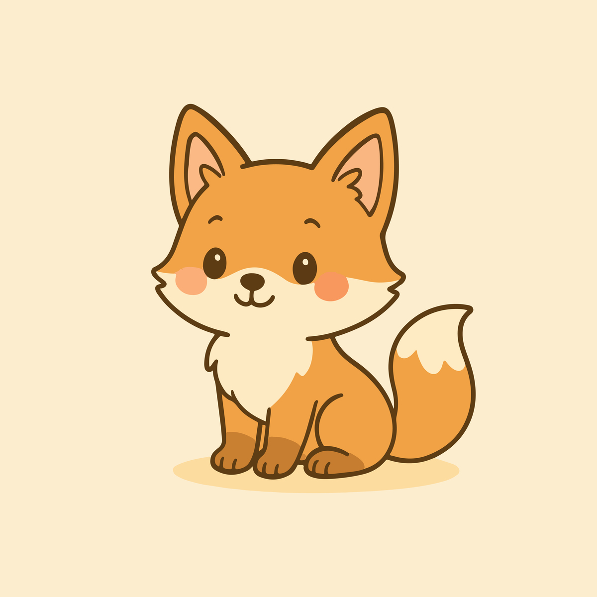 Cute fox drawing in kawaii style with a friendly expression, free to download as JPEG or PDF for printing, arts project, or wallpaper use.