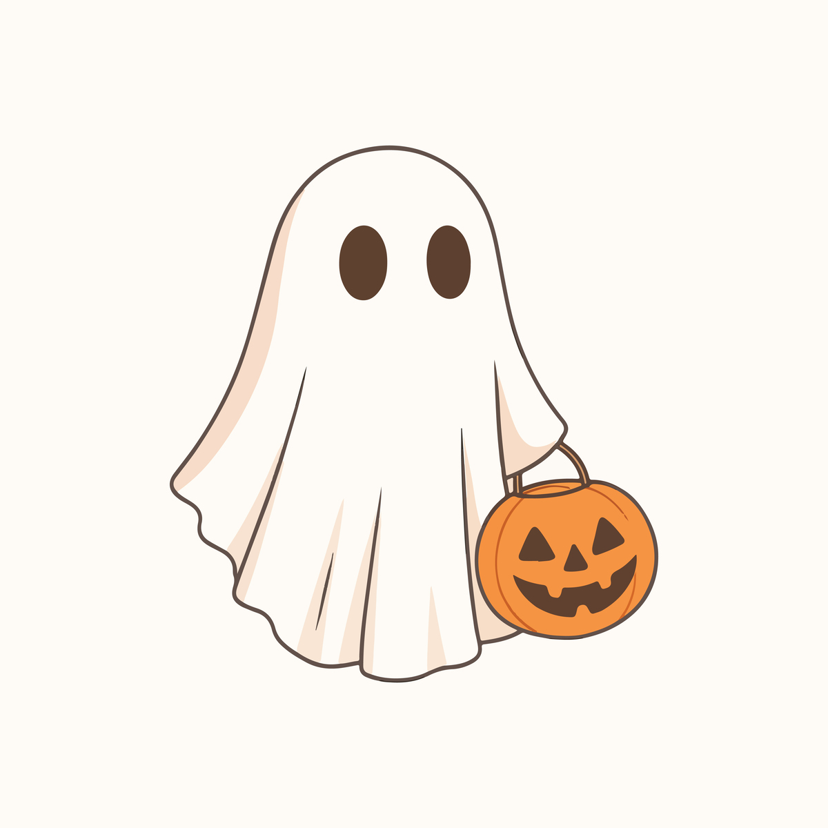 Cute ghost drawing holding jack-o’-lantern candy bucket - free Halloween illustration download (JPEG/PDF)