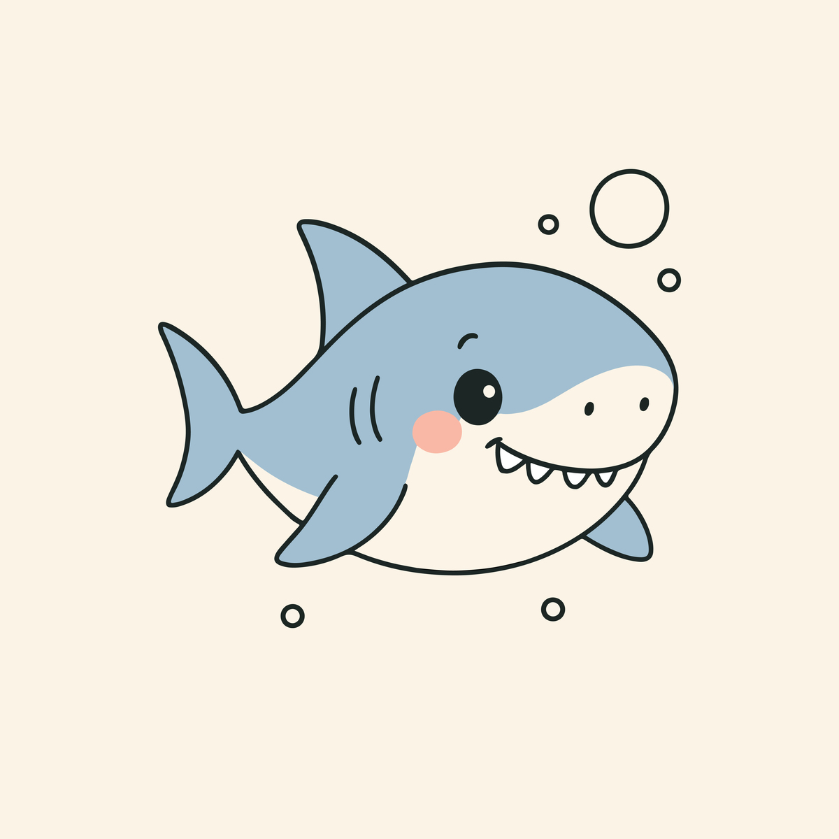 Cute shark drawing in kawaii style with a friendly smile, perfect for kids, beginners, and ocean-themed décor, available as a free printable in JPEG or PDF format.
