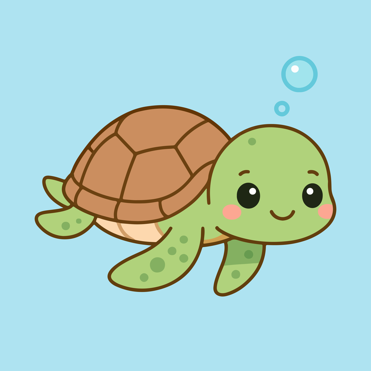 Cute turtle drawing with friendly smile and kawaii style